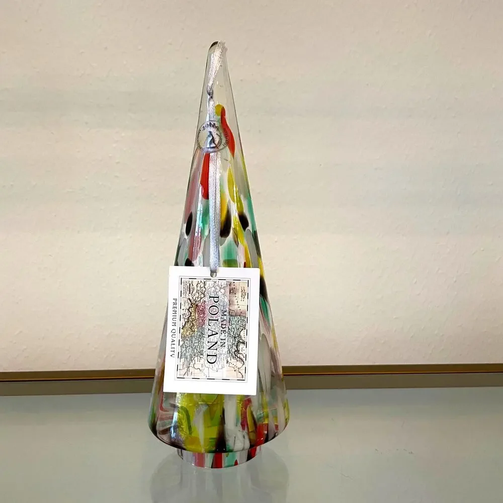 Art Glass CHRISTMAS TREE 10in Pop of Color Marbled Handmade in Poland NEW